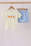 Yellow stripe pumpkin embroidery shorts set Aaria Tees