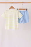 Yellow stripe pumpkin embroidery shorts set Aaria Tees