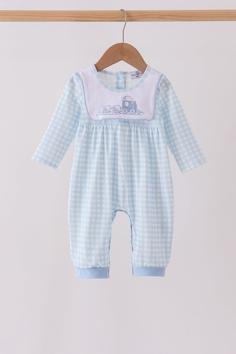 Blue train embroidery gingham romper - Aaria Tees Aaria Tees