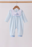 Blue train embroidery gingham romper - Aaria Tees Aaria Tees
