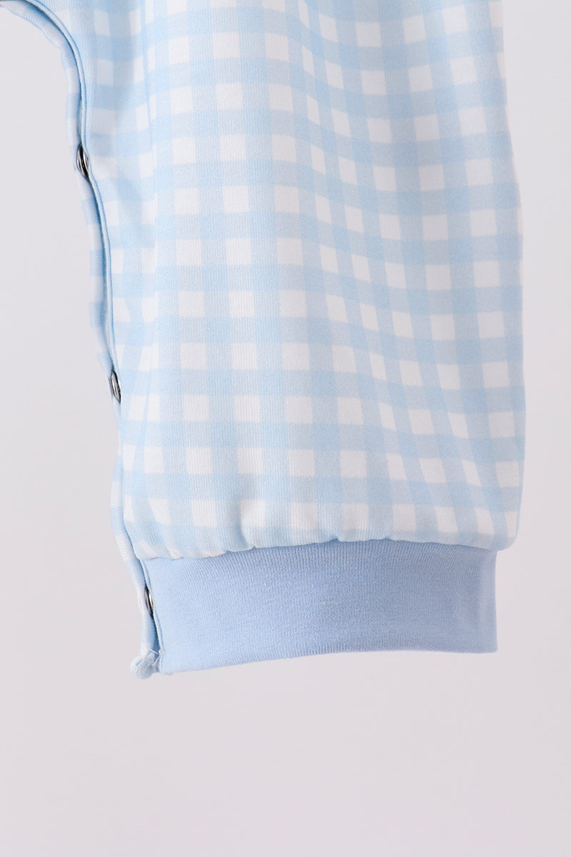 Blue train embroidery gingham romper - Aaria Tees Aaria Tees