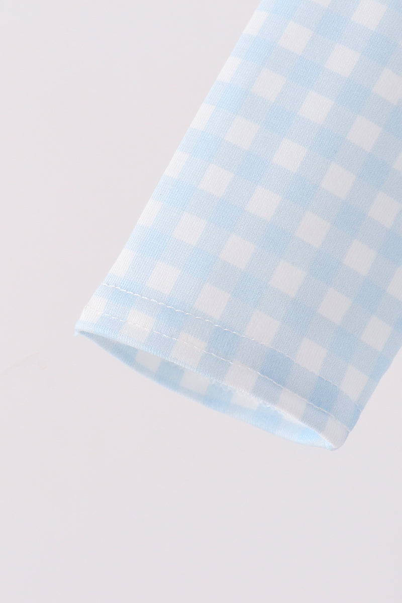 Blue train embroidery gingham romper - Aaria Tees Aaria Tees