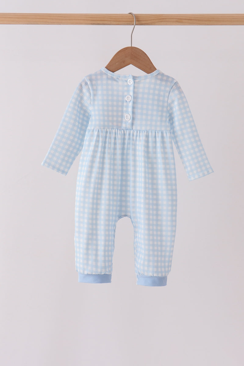 Blue train embroidery gingham romper - Aaria Tees Aaria Tees