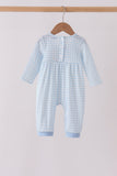 Blue train embroidery gingham romper - Aaria Tees Aaria Tees