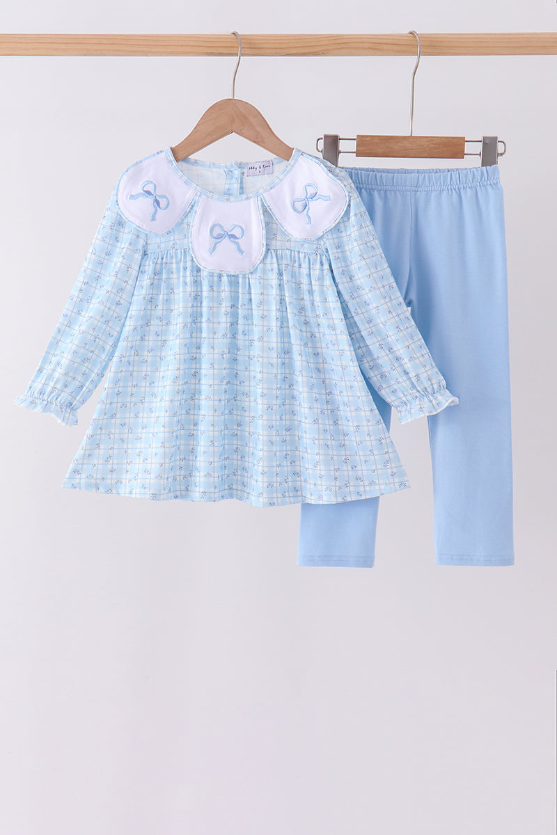 Blue bow embroidery pants set - Aaria Tees