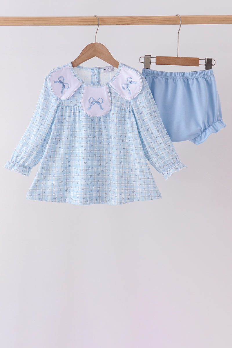Blue bow embroidery bloomer set - Aaria Tees