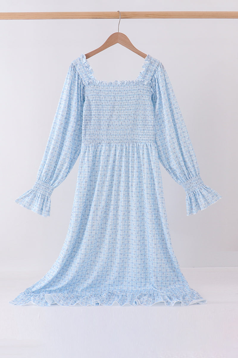 Blue floral smocked mom dress - Aaria Tees Aaria Tees