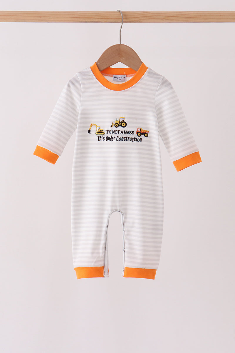 Gray stripe construction vehicle embroidery romper - Aaria Tees Aaria Tees