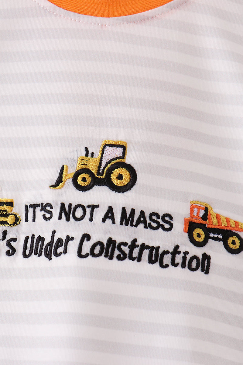 Gray stripe construction vehicle embroidery romper - Aaria Tees Aaria Tees