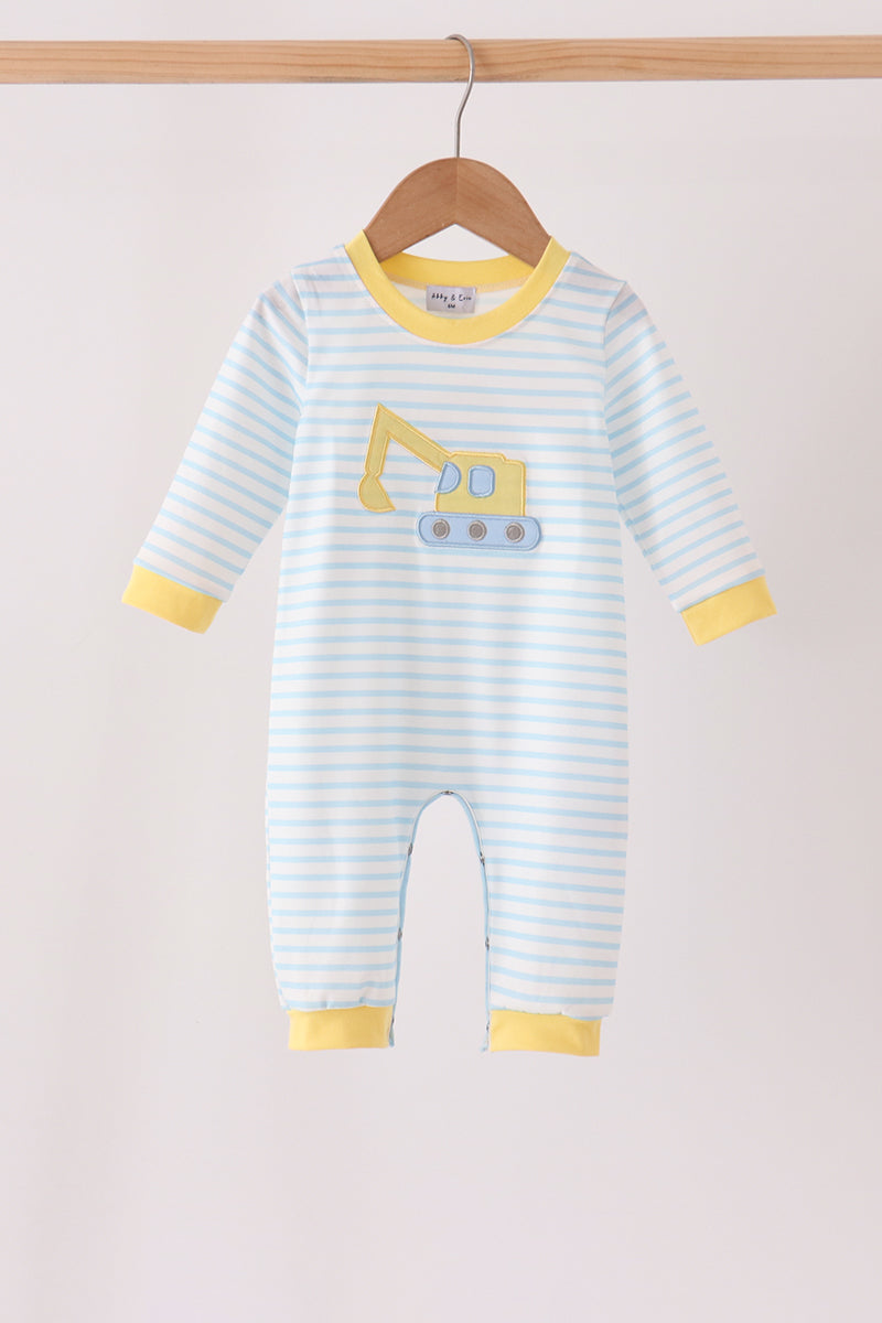 Blue Excavator Applique Stripe Romper - Aaria Tees