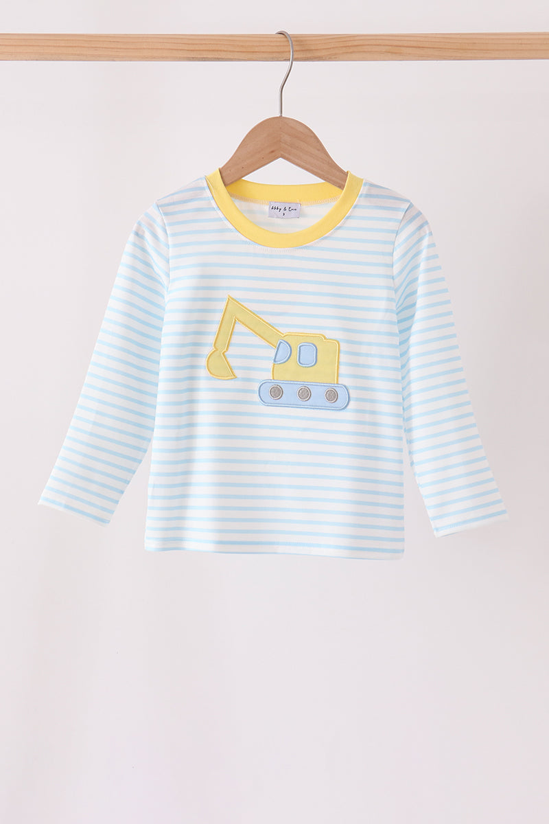 Blue Excavator Applique Stripe Top - Aaria Tees Aaria Tees