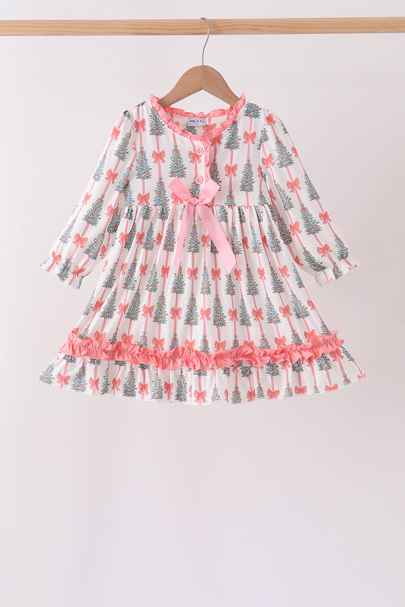 Pink Christmas Tree Bow Ruffle Dress - Aaria Tees Aaria Tees