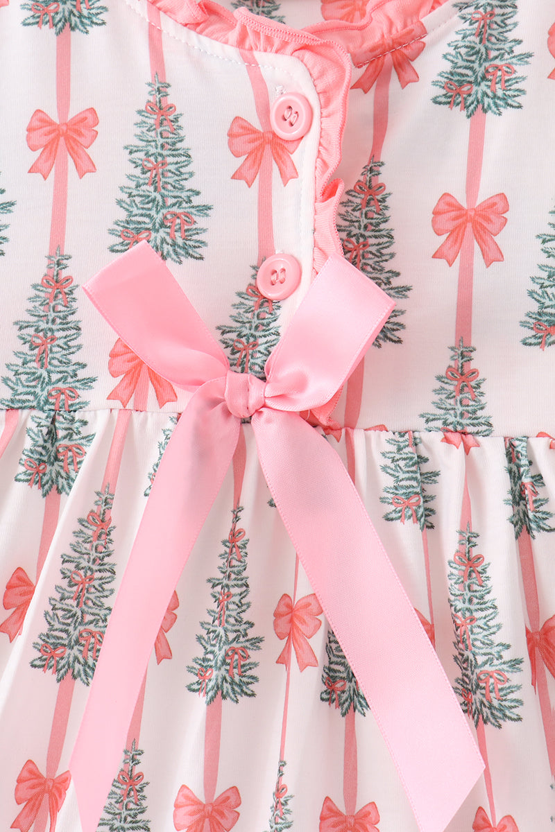 Pink Christmas Tree Bow Ruffle Dress - Aaria Tees Aaria Tees