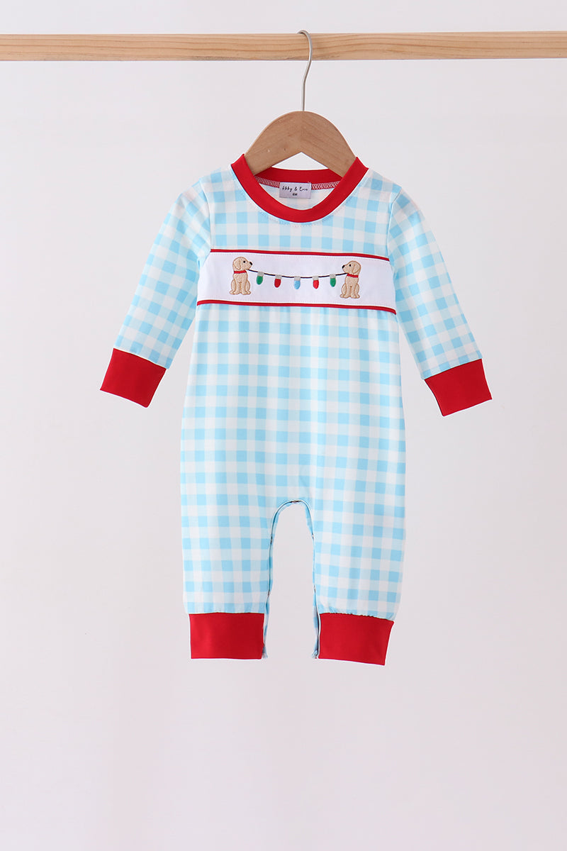 Blue puppy embroidery gingham romper - Aaria Tees Aaria Tees