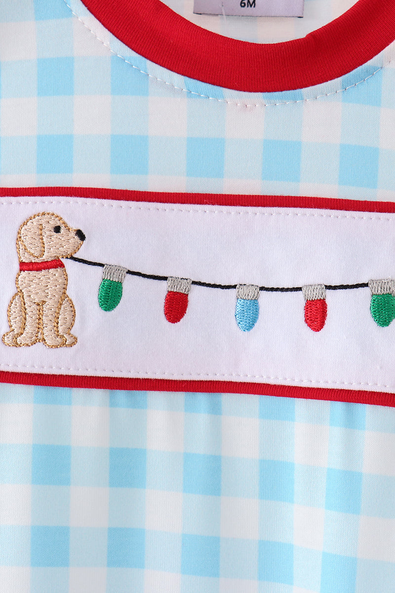 Blue puppy embroidery gingham romper - Aaria Tees Aaria Tees