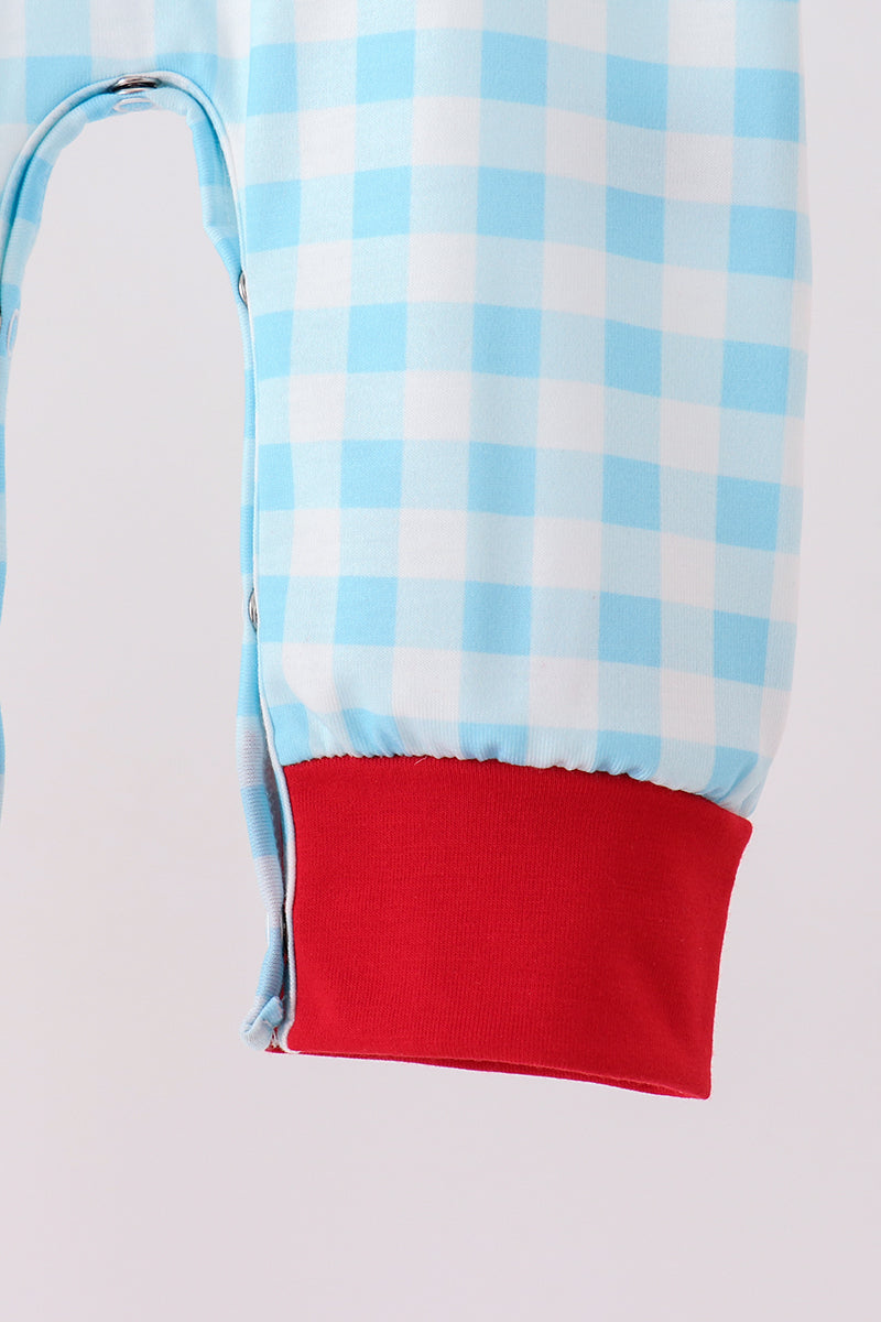 Blue puppy embroidery gingham romper - Aaria Tees Aaria Tees