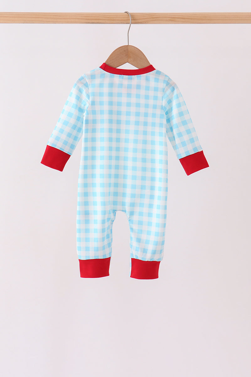 Blue puppy embroidery gingham romper - Aaria Tees Aaria Tees