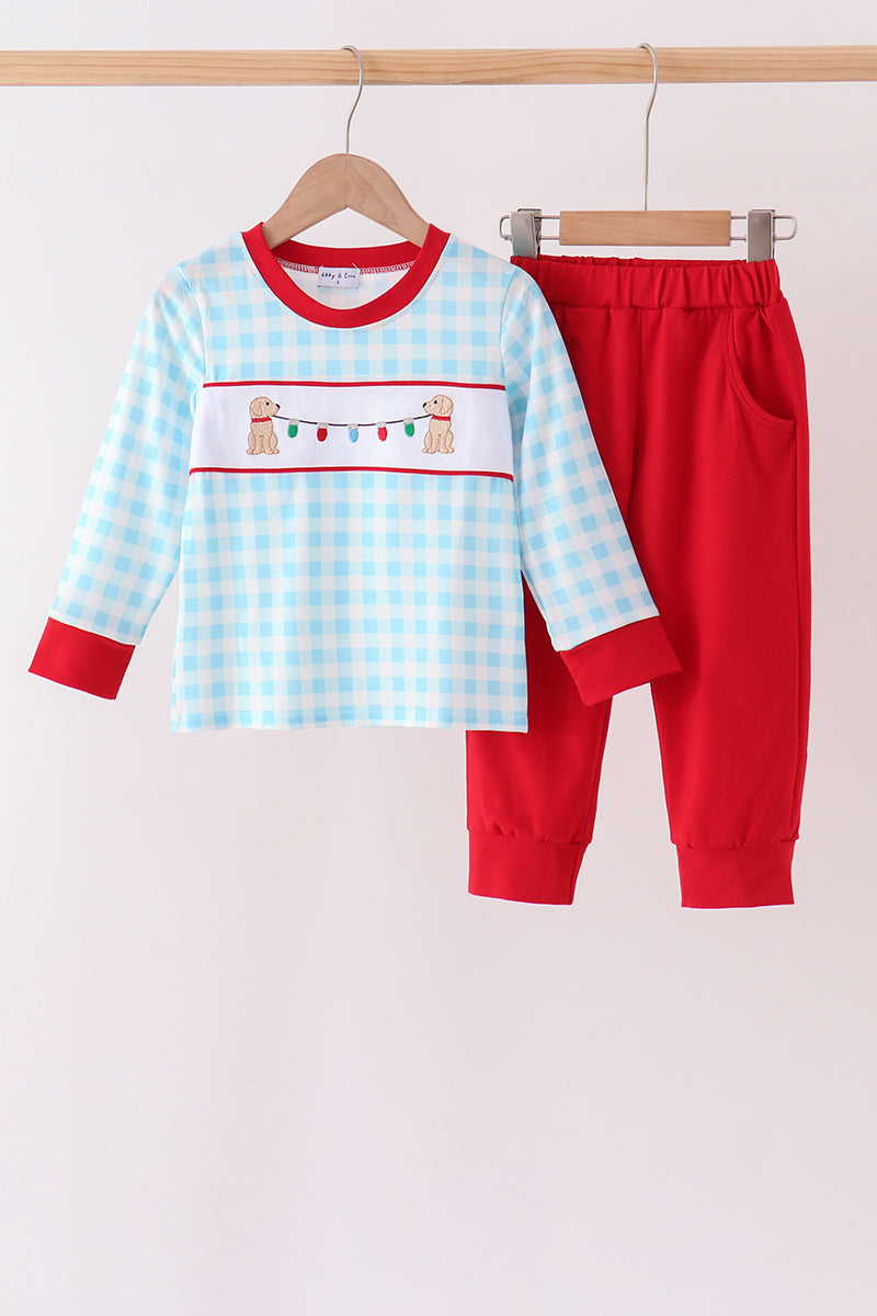 Blue puppy embroidery gingham jogger set - Aaria Tees Aaria Tees