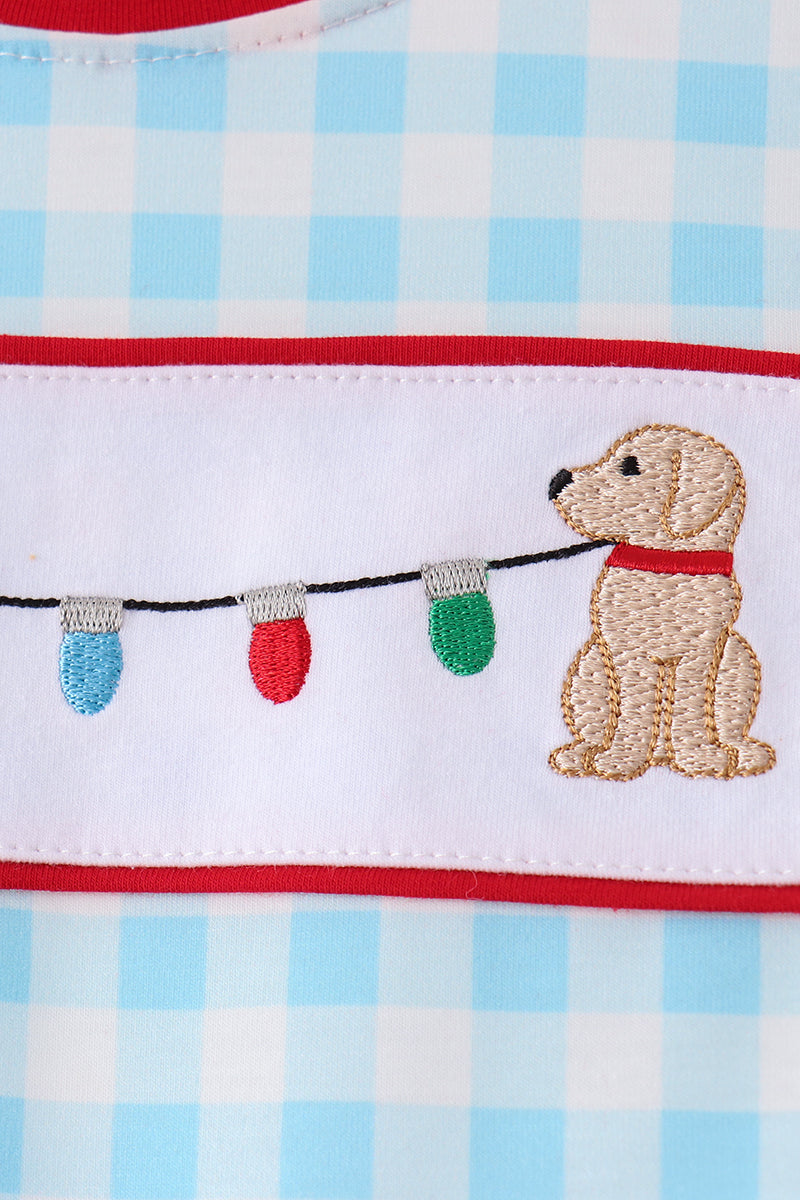 Blue puppy embroidery gingham jogger set - Aaria Tees Aaria Tees