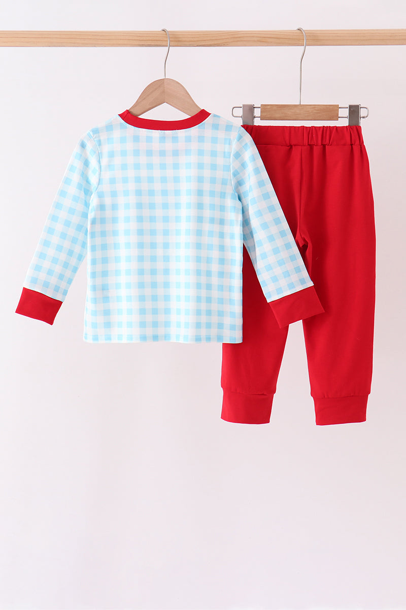 Blue puppy embroidery gingham jogger set - Aaria Tees Aaria Tees