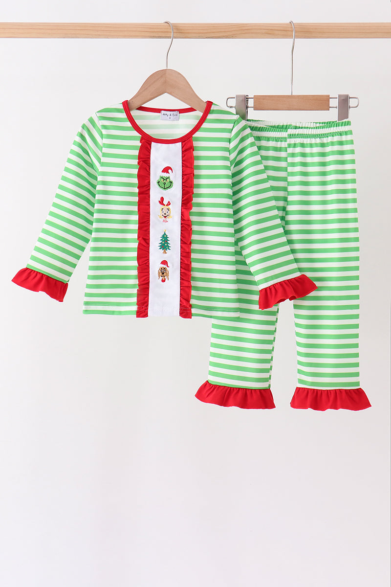Green stripe grinch embroidery ruffle pajama set - Aaria Tees Aaria Tees