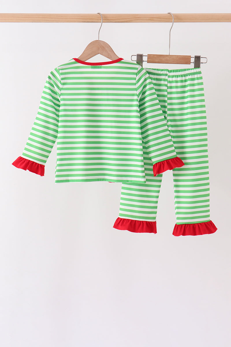 Green stripe grinch embroidery ruffle pajama set - Aaria Tees Aaria Tees
