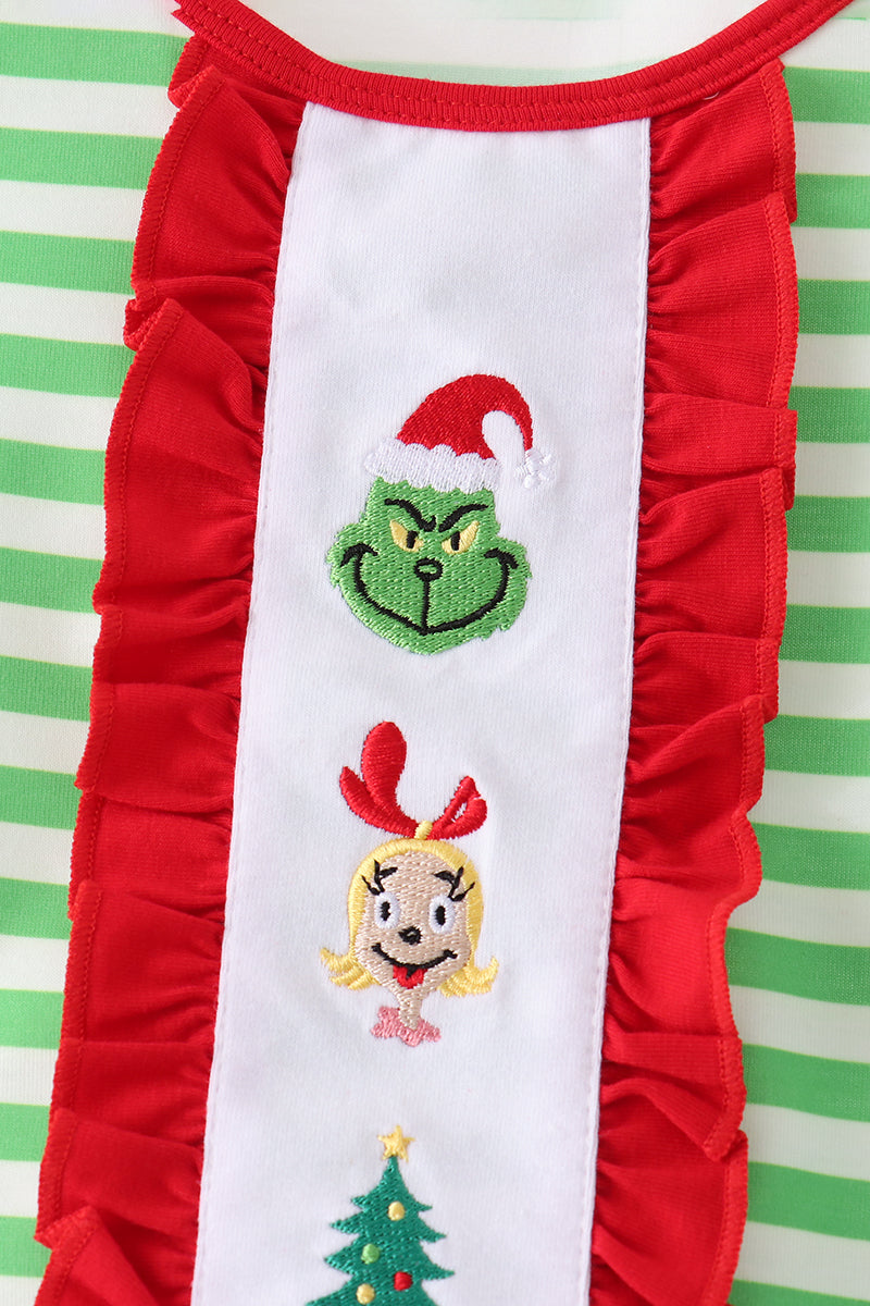 Green stripe grinch embroidery ruffle pajama set - Aaria Tees Aaria Tees