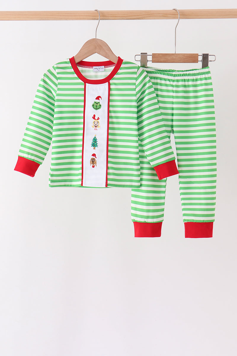 Green stripe grinch embroidery pajama set - Aaria Tees Aaria Tees