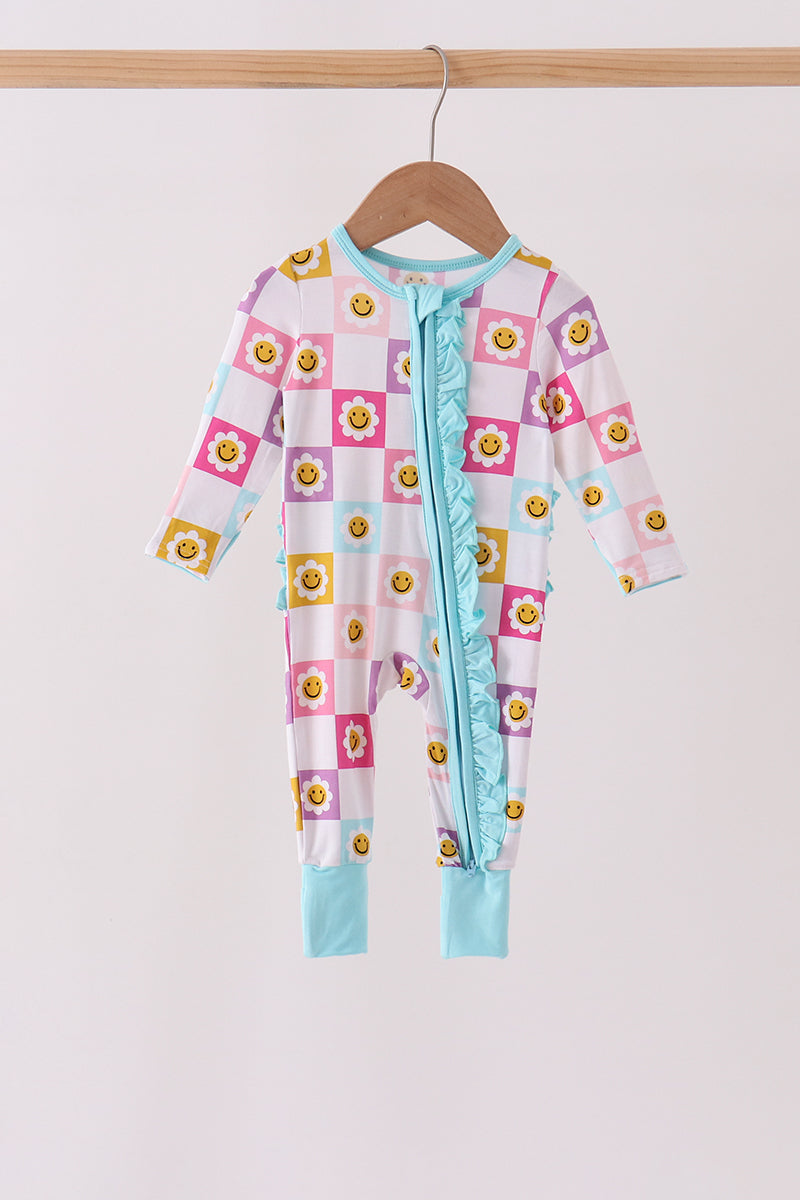 Blue smiling checkered ruffle bamboo romper - Aaria Tees