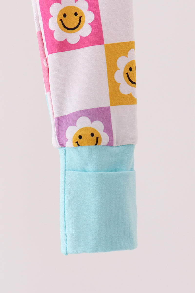 Blue smiling checkered ruffle bamboo romper - Aaria Tees Aaria Tees