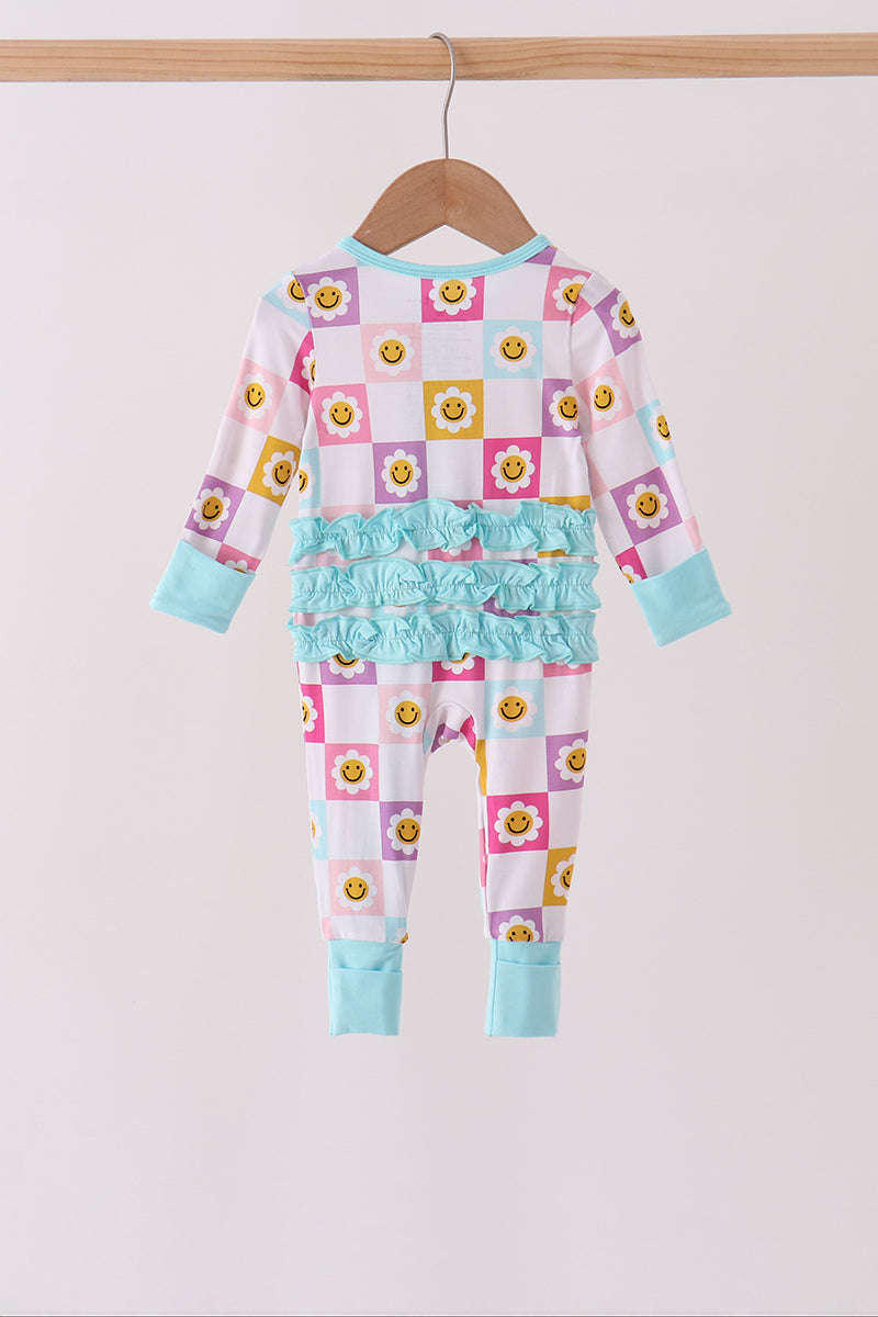 Blue smiling checkered ruffle bamboo romper - Aaria Tees Aaria Tees