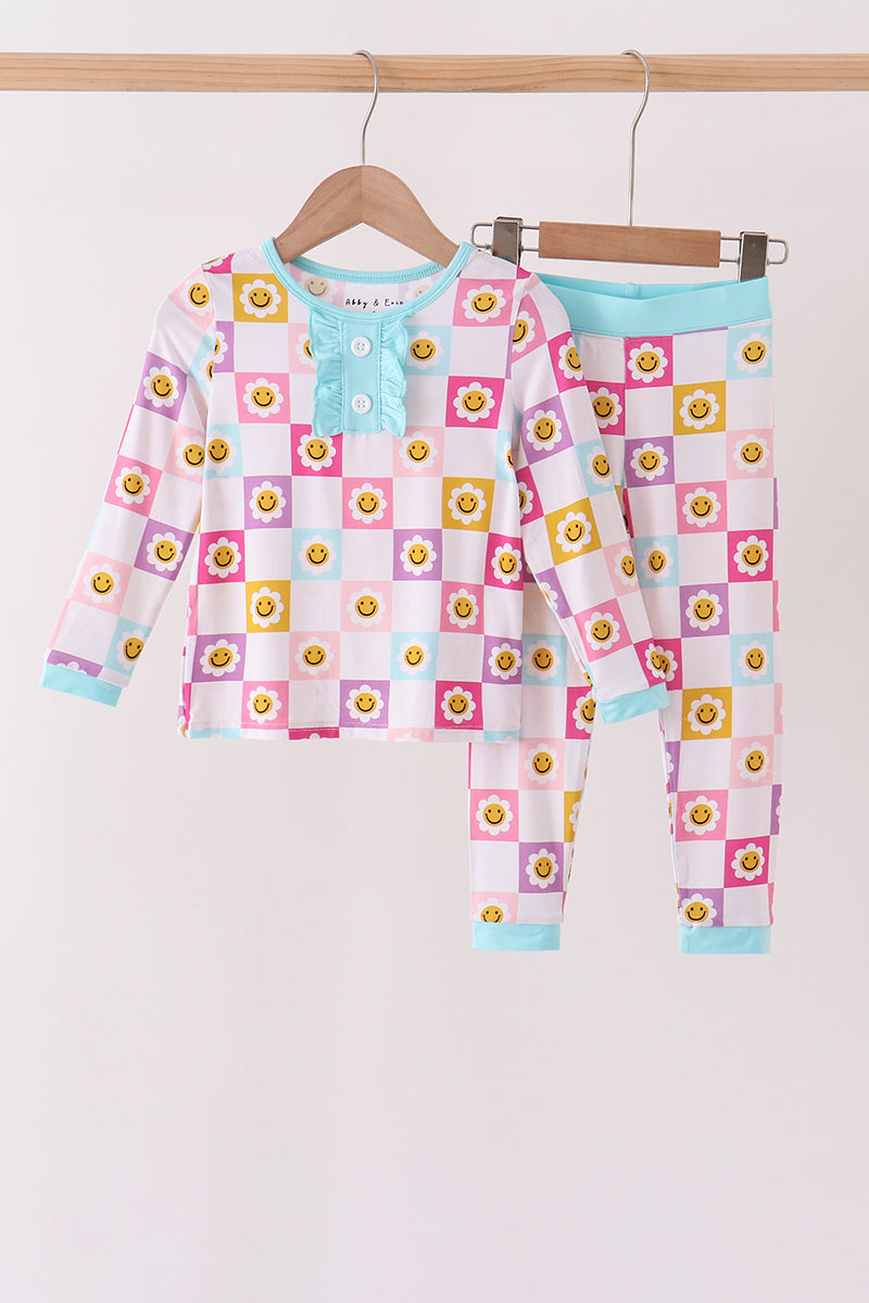 Blue smiling checkered ruffle bamboo pajama set - Aaria Tees Aaria Tees