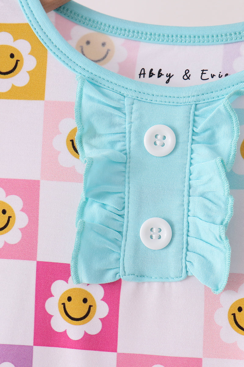 Blue smiling checkered ruffle bamboo pajama set - Aaria Tees Aaria Tees