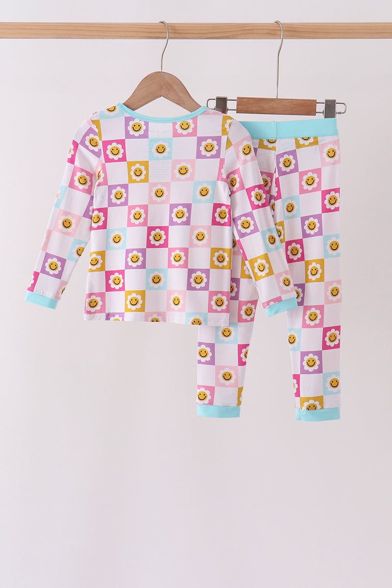 Blue smiling checkered ruffle bamboo pajama set - Aaria Tees Aaria Tees
