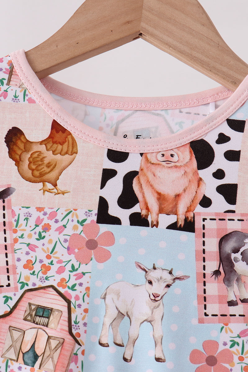 Pink Farm Animals Bamboo Pajama Set - Aaria Tees Aaria Tees