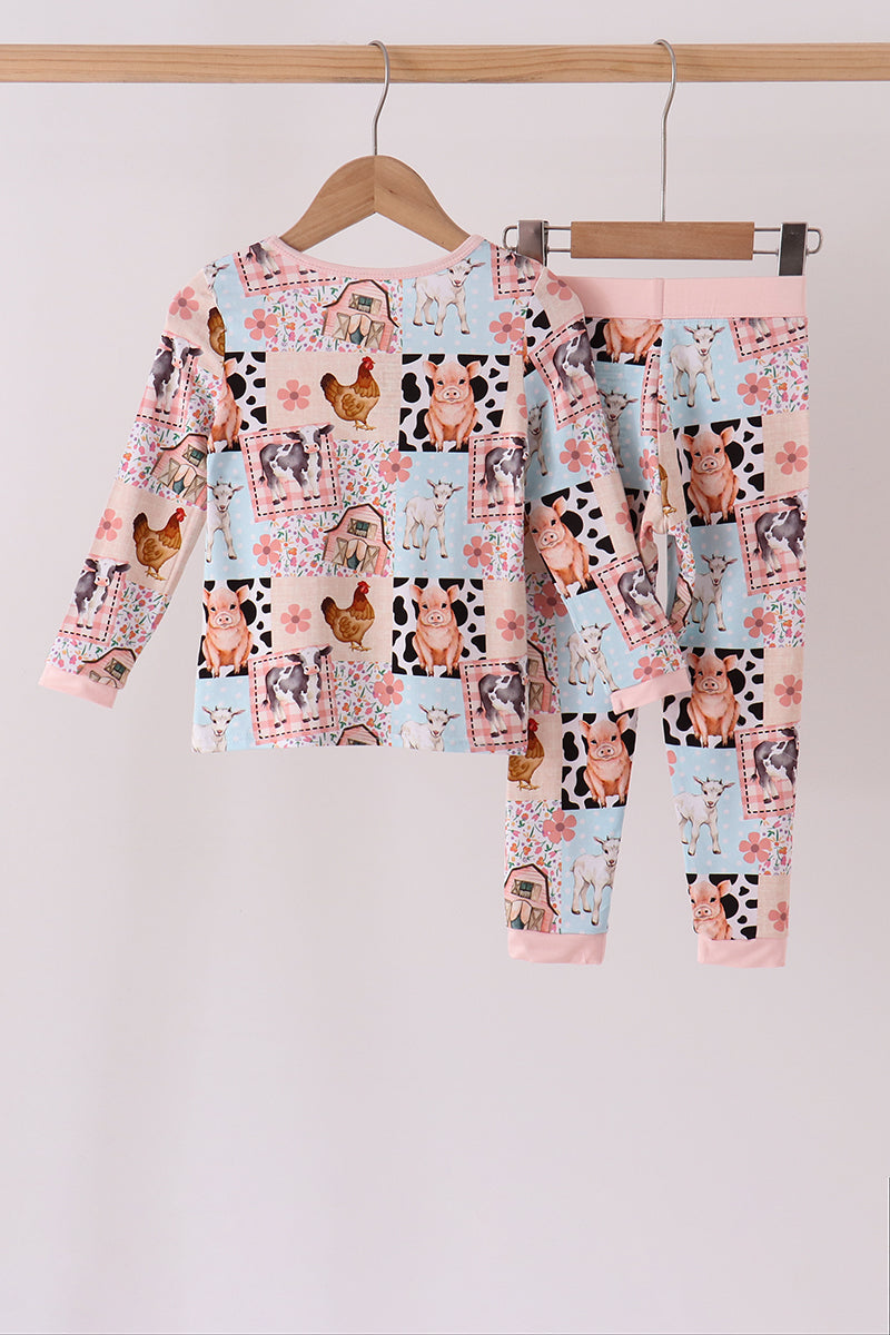 Pink Farm Animals Bamboo Pajama Set - Aaria Tees Aaria Tees