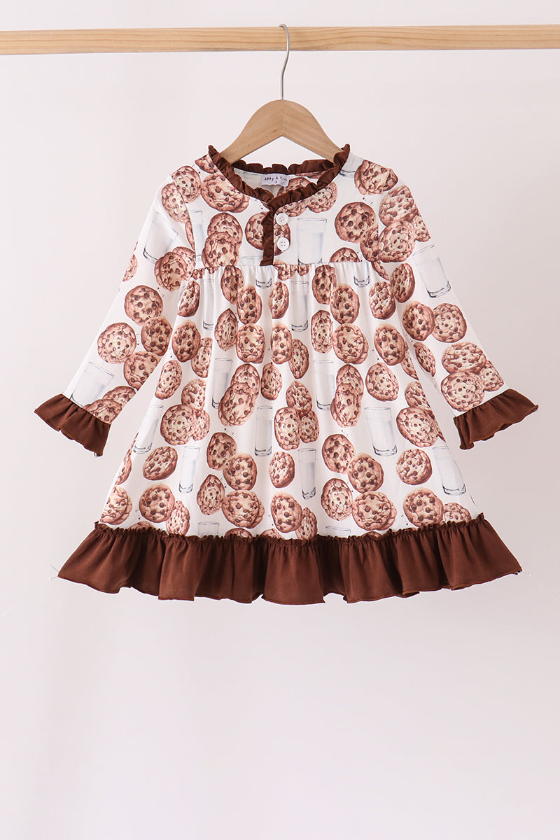 Brown Milk Cookie Print Ruffle Dress - Aaria Tees Aaria Tees