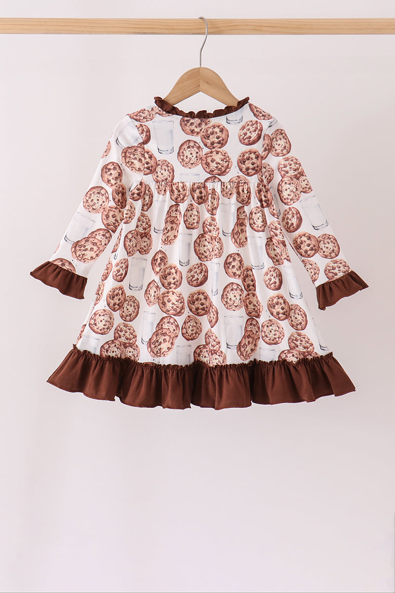 Brown Milk Cookie Print Ruffle Dress - Aaria Tees Aaria Tees