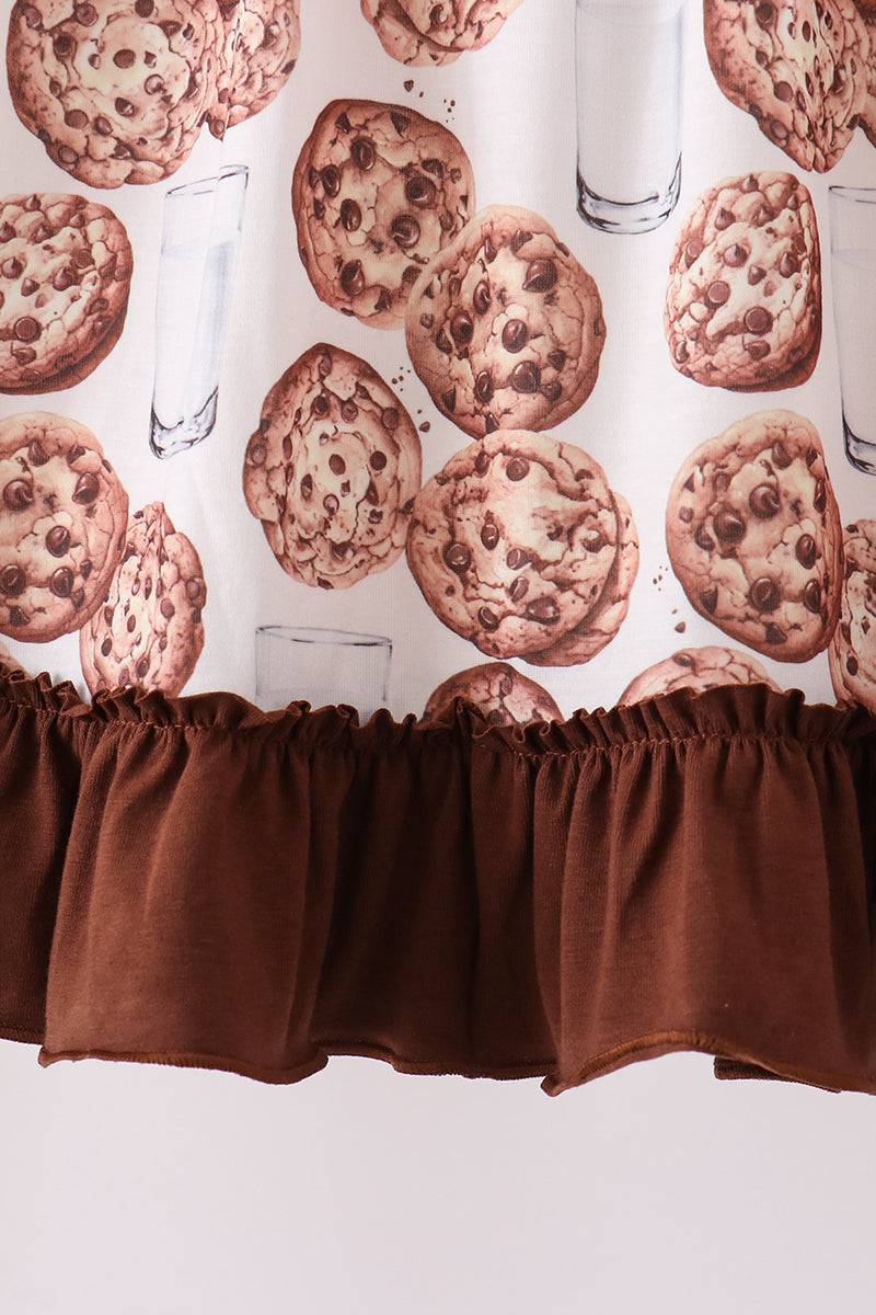 Brown Milk Cookie Print Ruffle Dress - Aaria Tees Aaria Tees