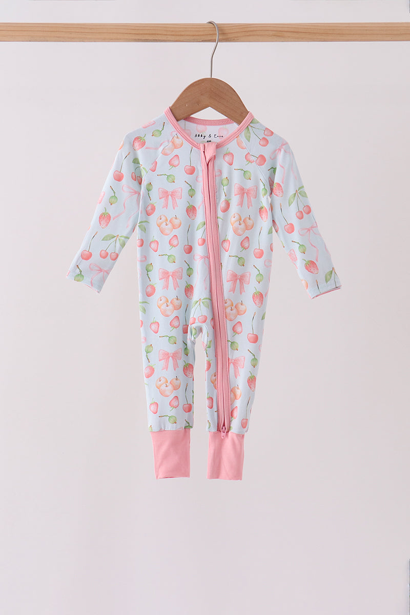 Pink bow cherry zipper bamboo romper - Aaria Tees Aaria Tees