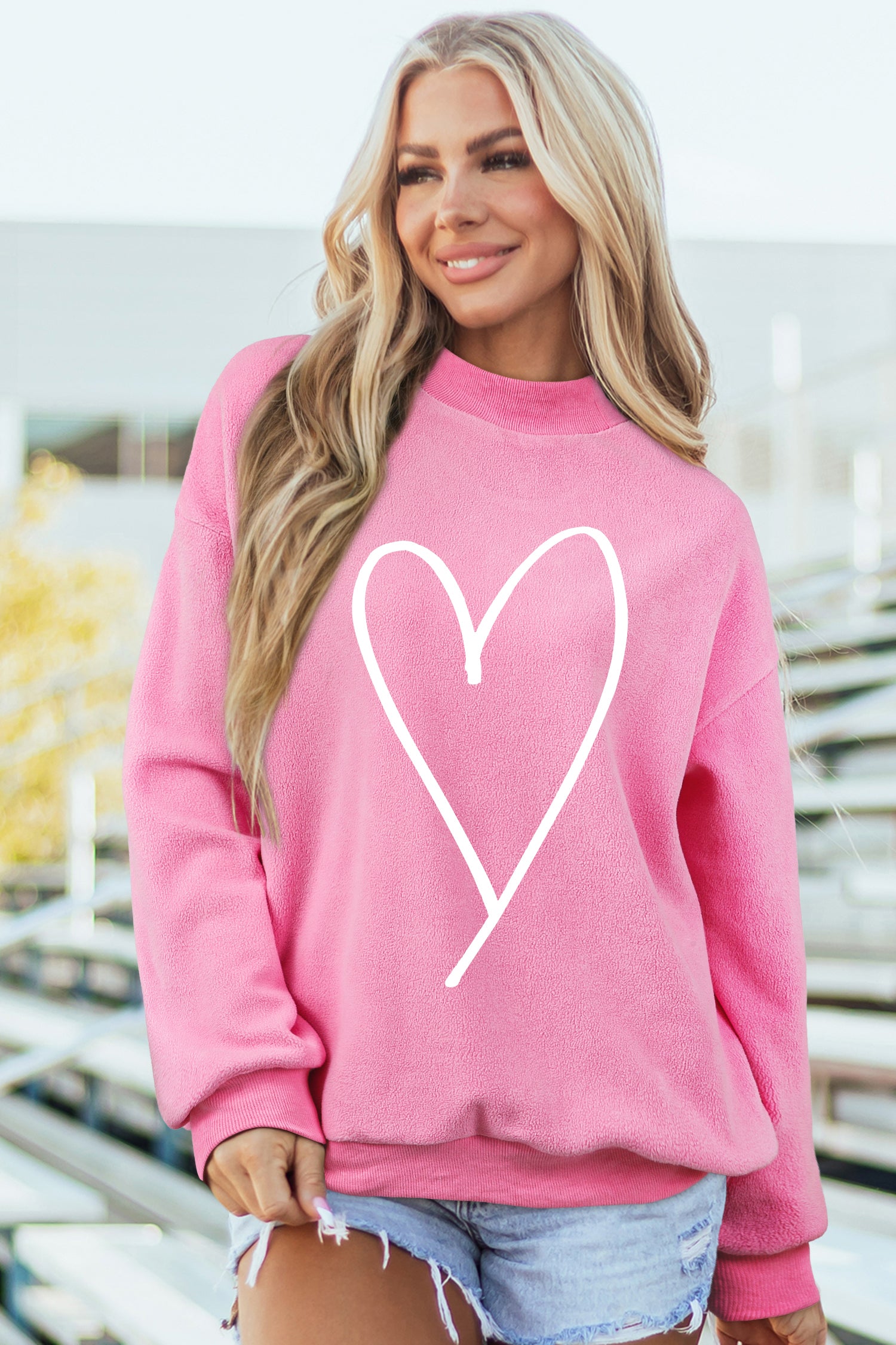 Bright Pink LOVER Heart Script Reversible Print Mock Neck Sweatshirt - Aaria Tees Aaria Tees