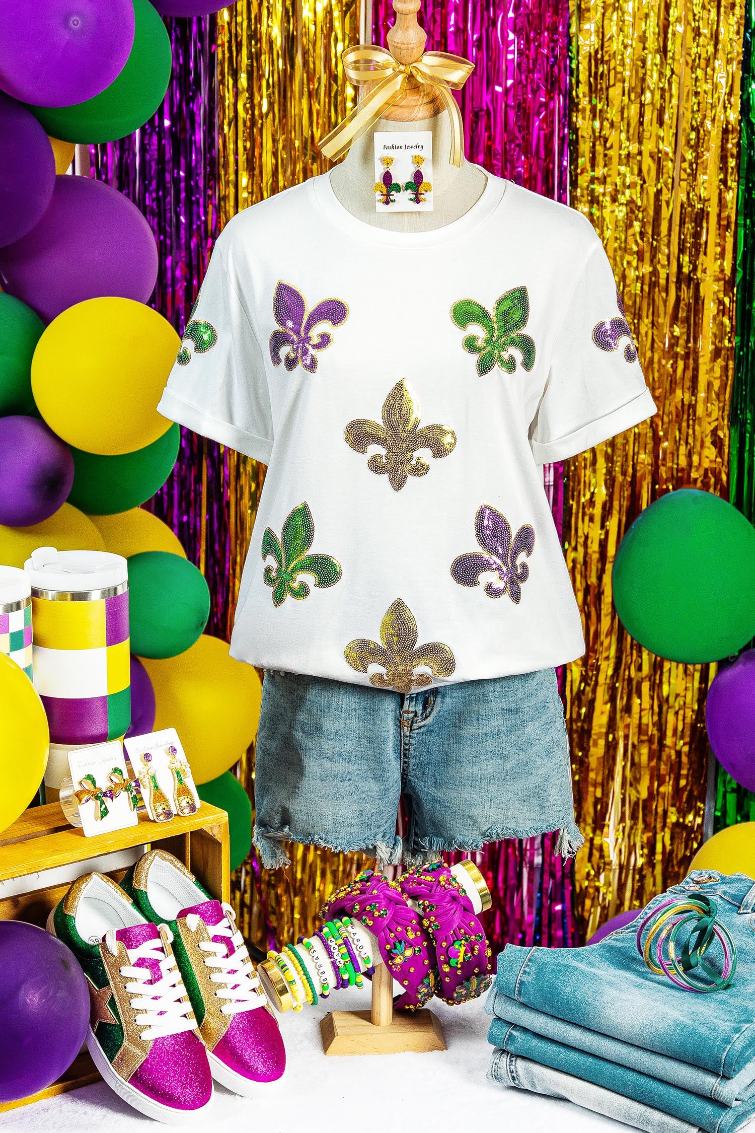 White Mardi Gras Fleur De Lis Sequin Graphic T Shirt - Aaria Tees Aaria Tees