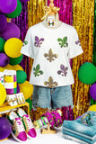 White Mardi Gras Fleur De Lis Sequin Graphic T Shirt - Aaria Tees Aaria Tees
