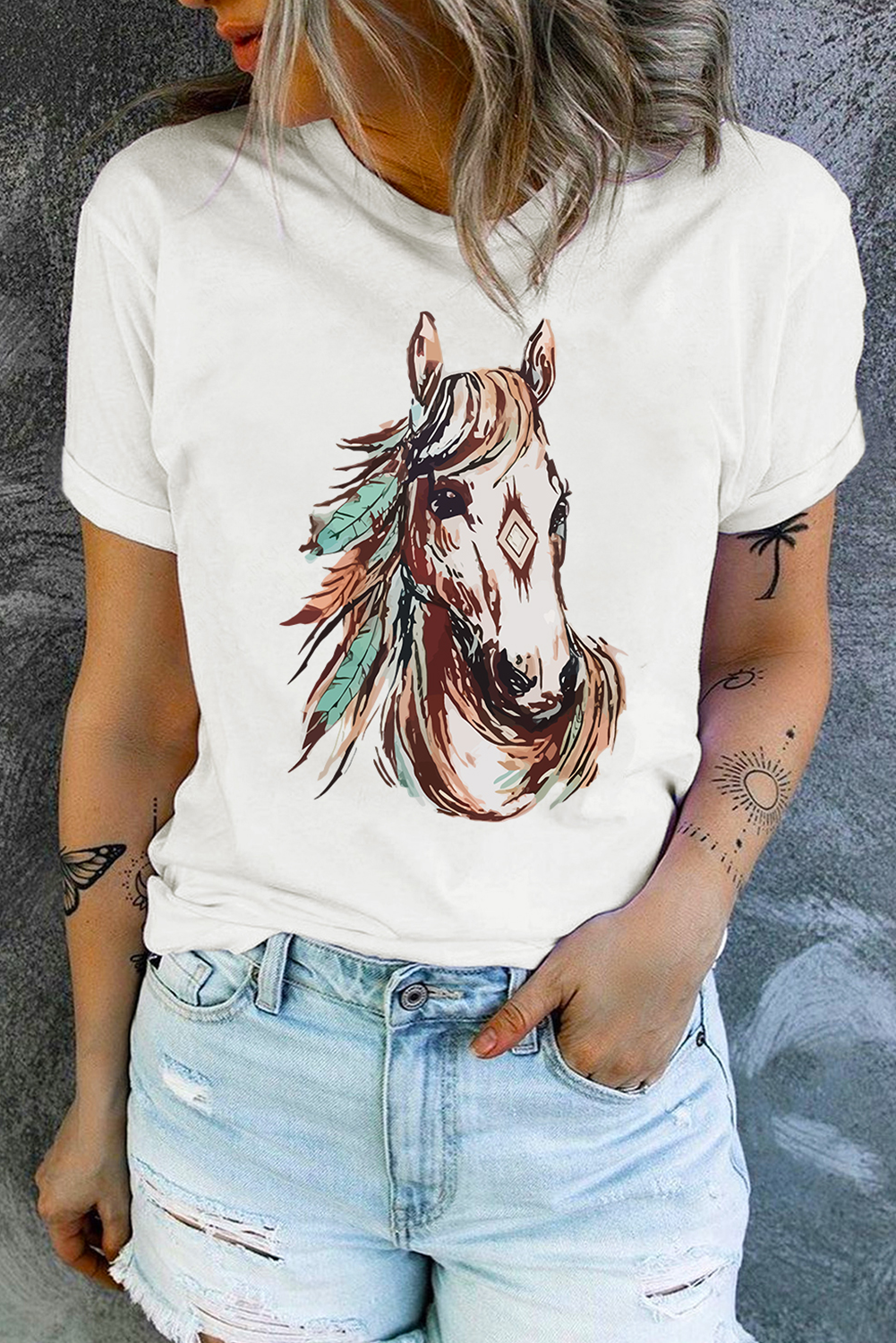 White Western Aztec Horse Graphic Crewneck Tee - Aaria Tees Aaria Tees