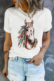 White Western Aztec Horse Graphic Crewneck Tee - Aaria Tees Aaria Tees