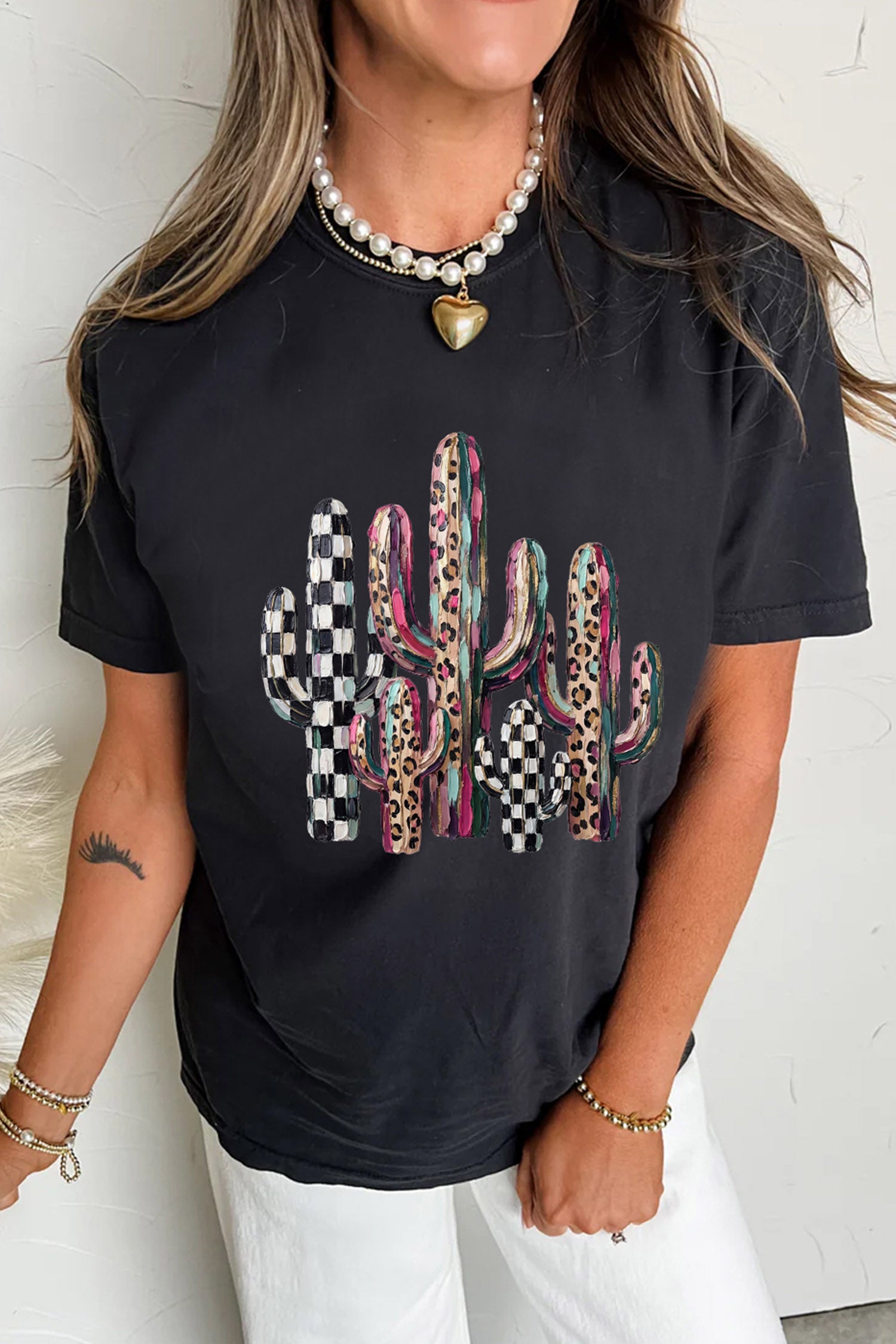 Black Mixed Pattern Cactus Graphic Print Relaxed T-Shirt - Aaria Tees Aaria Tees