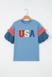 Beau Blue USA Chenille Lettering Stars and Stripes Patchwork Sleeve Top Aaria Tees