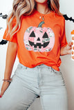 Orange Patchwork Pumpkin Graphic Short Sleeve Round Neck Tee Aaria Tees