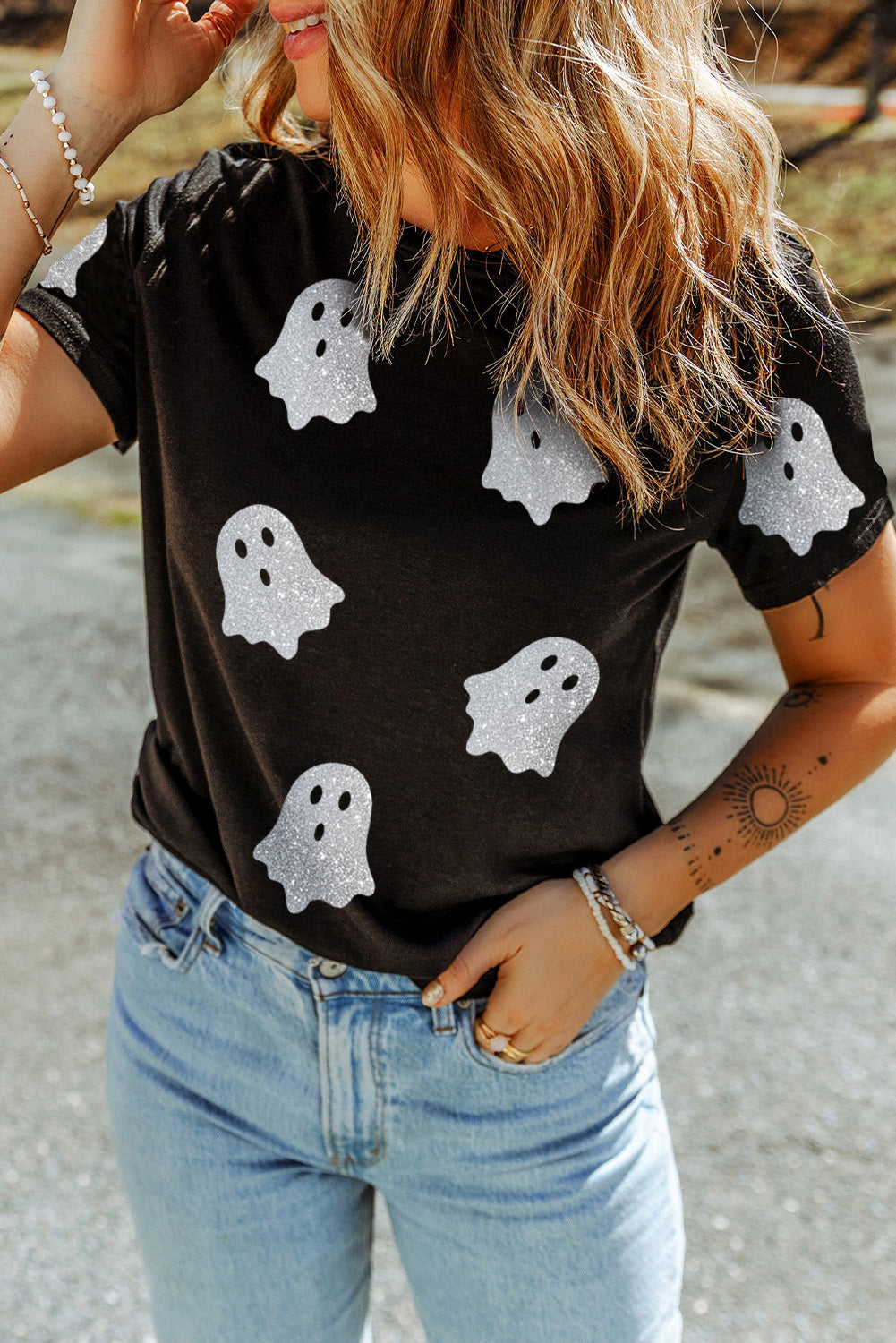 Black Glitter Ghost Pattern Crew Neck Halloween T Shirt - Aaria Tees Aaria Tees
