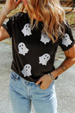Black Glitter Ghost Pattern Crew Neck Halloween T Shirt - Aaria Tees Aaria Tees